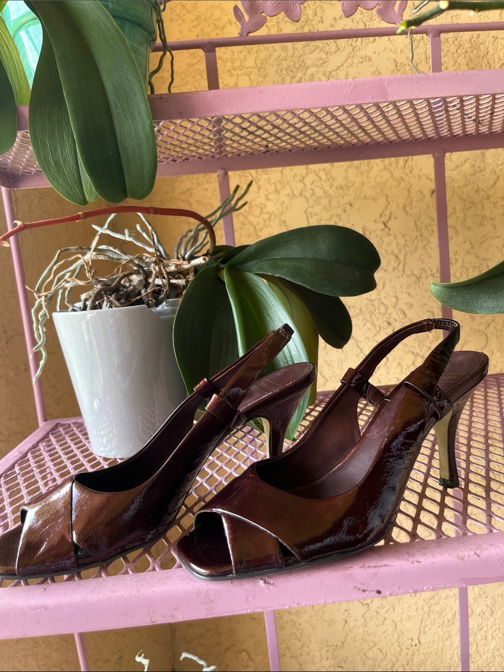 Vintage Brown Patent Peep-Toe Slingback Heels from Harold’s Department Store